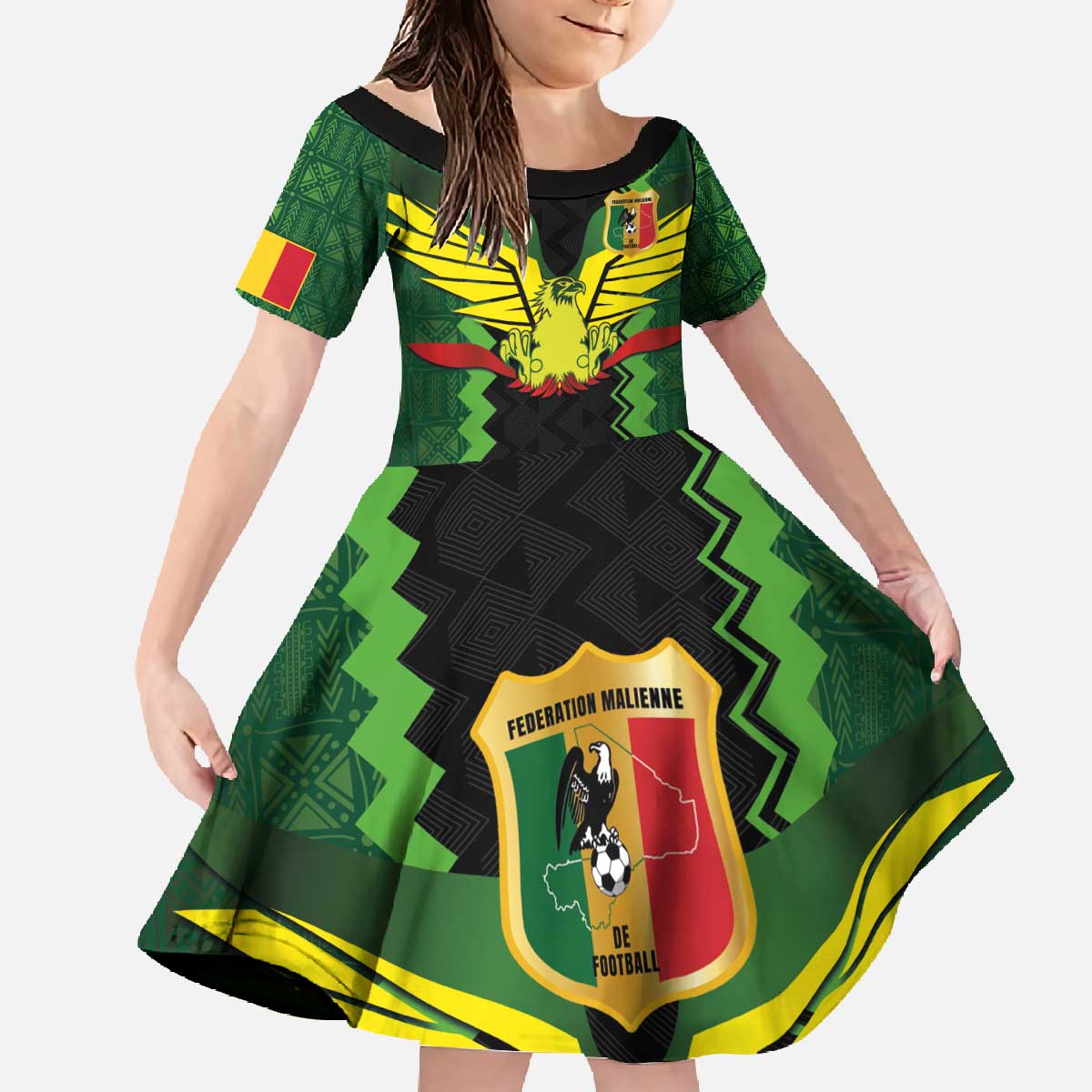 Custom Mali Football Family Matching Off The Shoulder Long Sleeve Dress and Hawaiian Shirt Les Aigles-Green Gold and Red