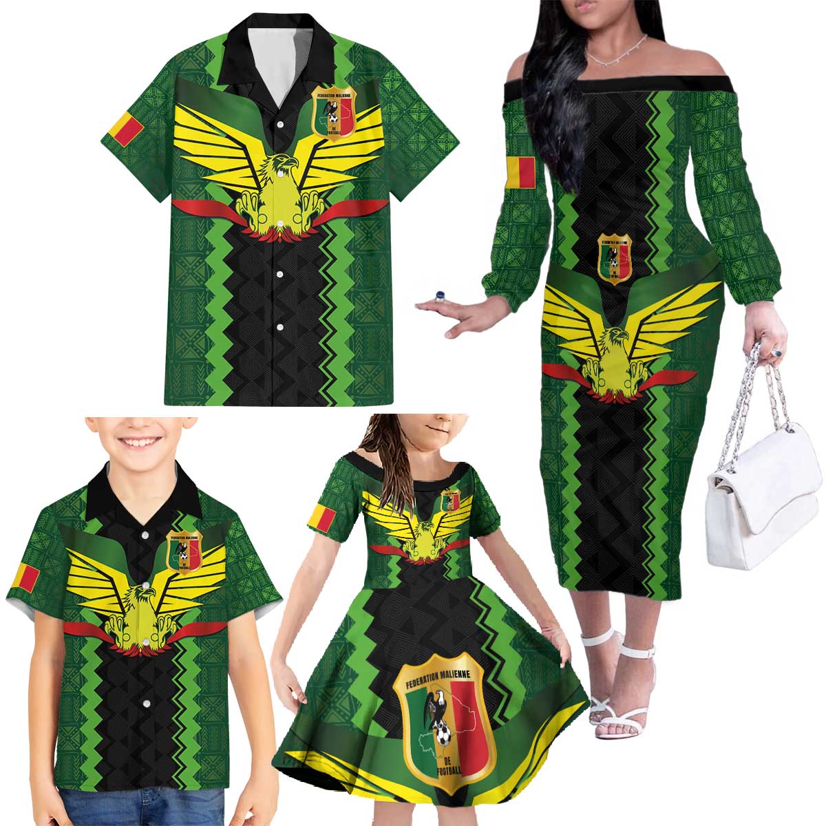 Custom Mali Football Family Matching Off The Shoulder Long Sleeve Dress and Hawaiian Shirt Les Aigles-Green Gold and Red
