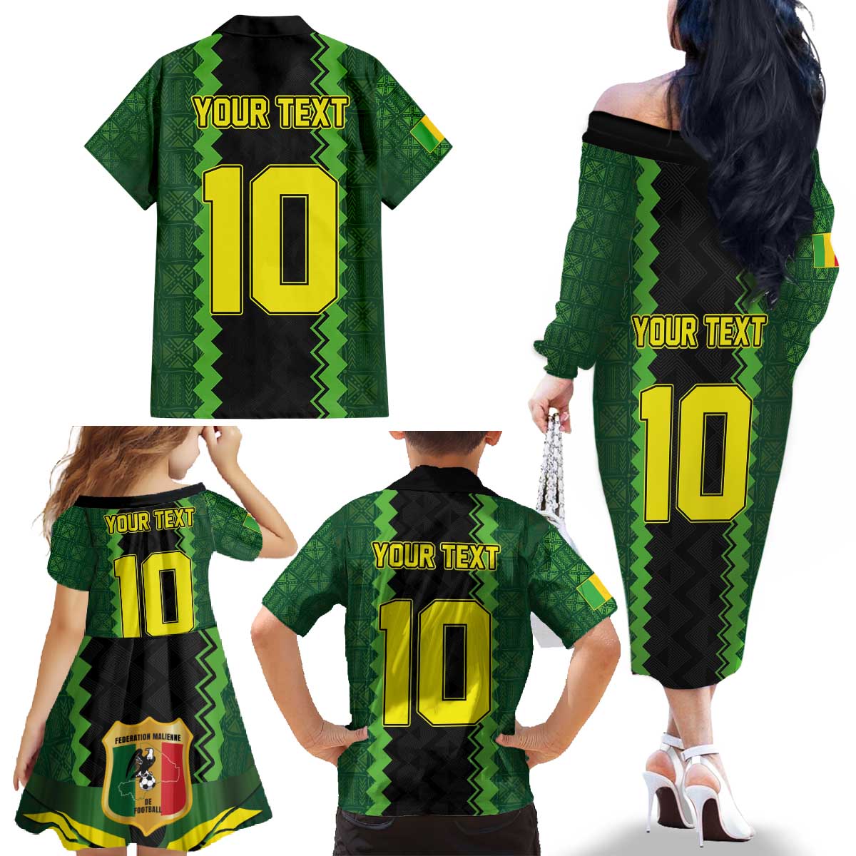 Custom Mali Football Family Matching Off The Shoulder Long Sleeve Dress and Hawaiian Shirt Les Aigles-Green Gold and Red