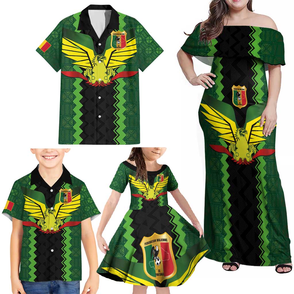 Custom Mali Football Family Matching Off Shoulder Maxi Dress and Hawaiian Shirt Les Aigles-Green Gold and Red