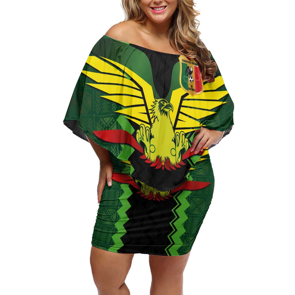 Custom Mali Football Family Matching Off Shoulder Short Dress and Hawaiian Shirt Les Aigles-Green Gold and Red