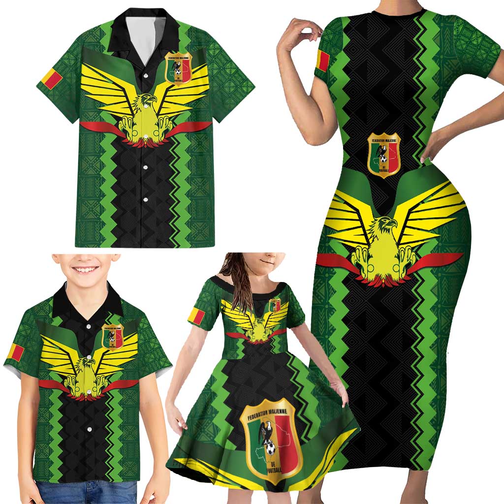 Custom Mali Football Family Matching Short Sleeve Bodycon Dress and Hawaiian Shirt Les Aigles-Green Gold and Red