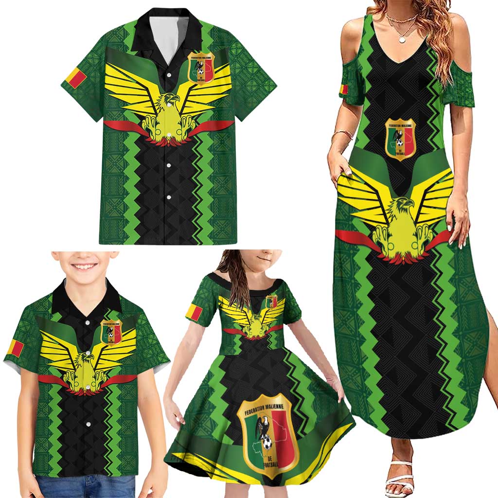 Custom Mali Football Family Matching Summer Maxi Dress and Hawaiian Shirt Les Aigles-Green Gold and Red