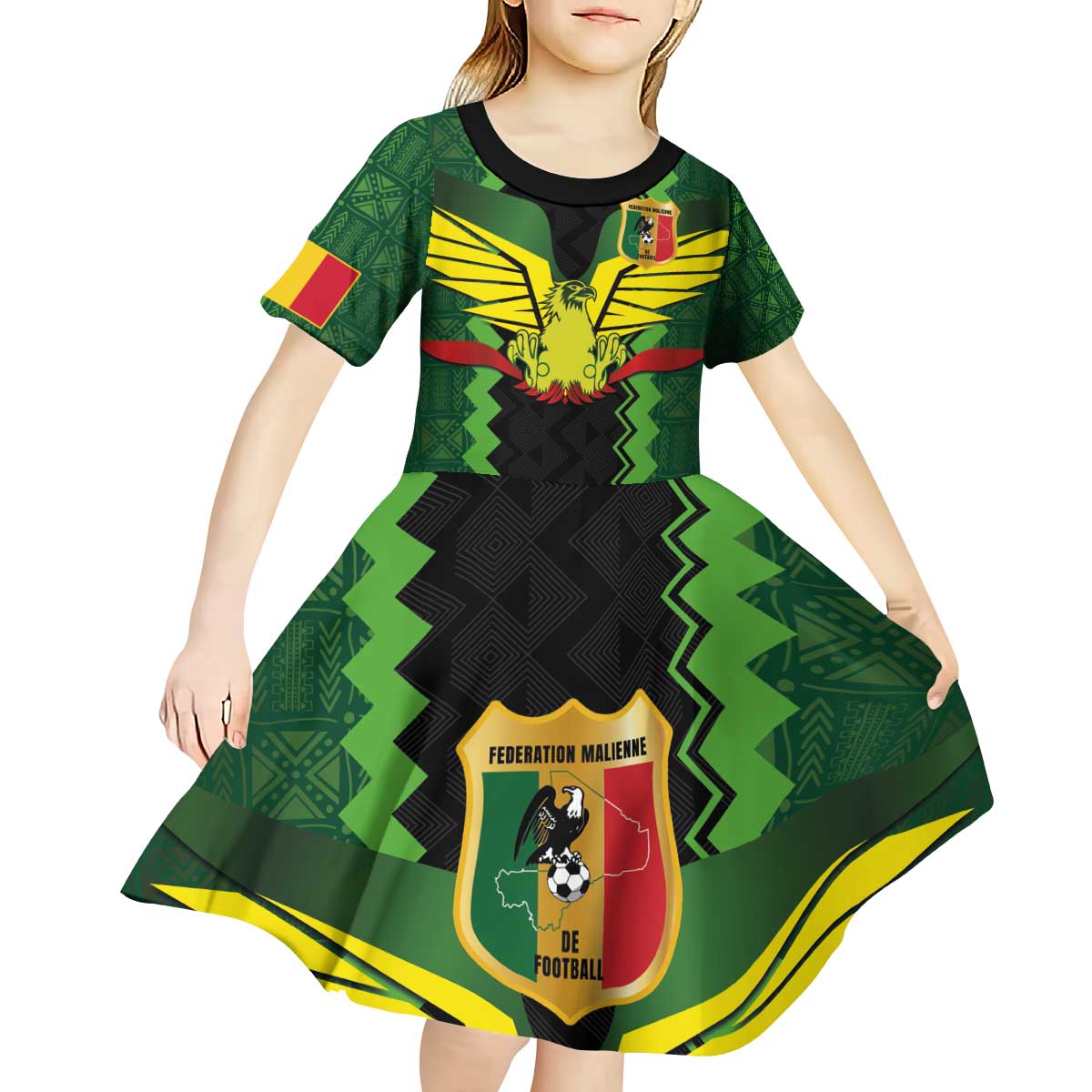 Custom Mali Football Kid Short Sleeve Dress Les Aigles-Green Gold and Red
