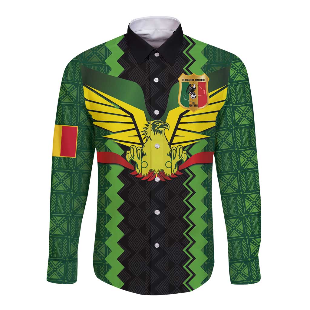 Custom Mali Football Long Sleeve Button Shirt Les Aigles-Green Gold and Red