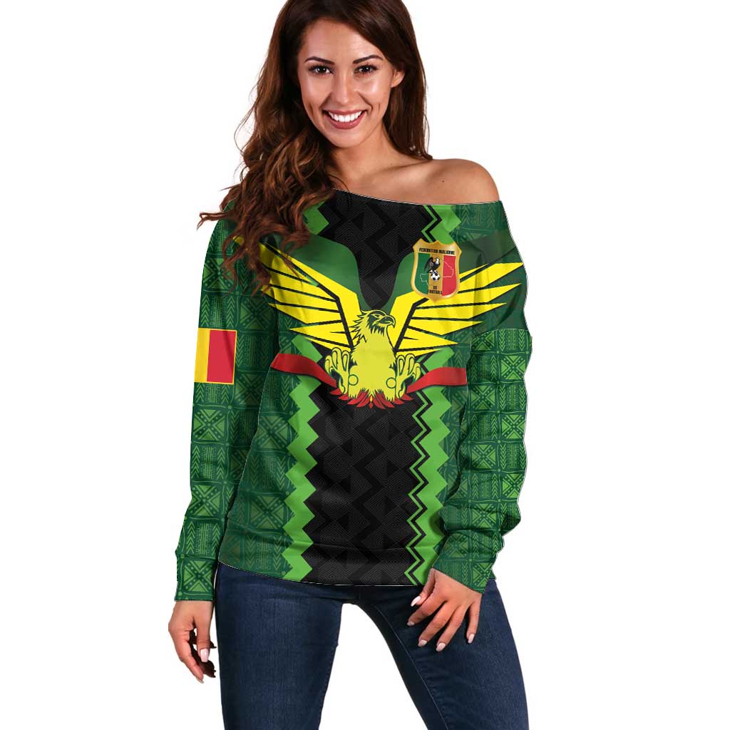 Custom Mali Football Off Shoulder Sweater Les Aigles-Green Gold and Red