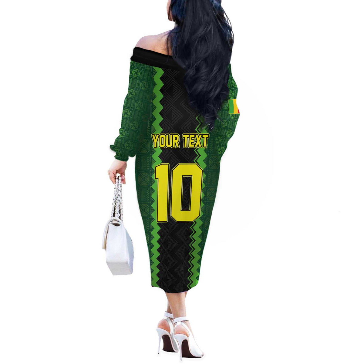 Custom Mali Football Off The Shoulder Long Sleeve Dress Les Aigles-Green Gold and Red