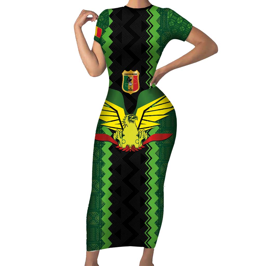 Custom Mali Football Short Sleeve Bodycon Dress Les Aigles-Green Gold and Red