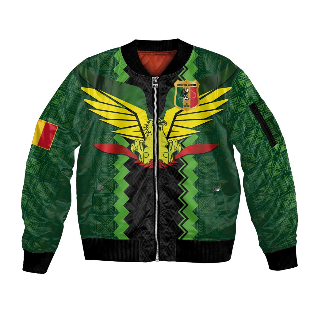 Custom Mali Football Sleeve Zip Bomber Jacket Les Aigles-Green Gold and Red