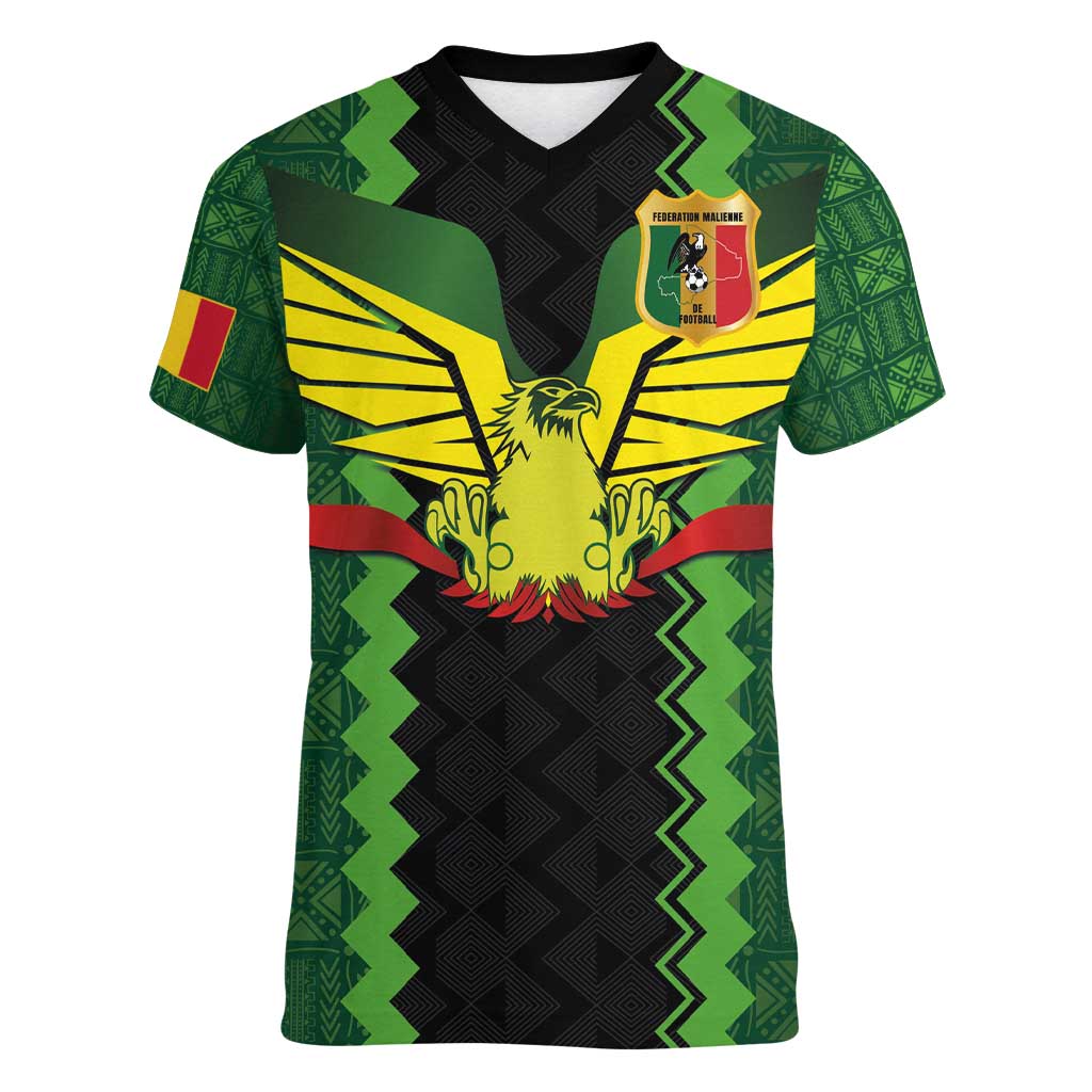 Custom Mali Football Women V-Neck T-Shirt Les Aigles-Green Gold and Red