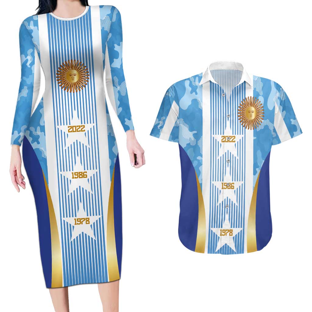 Custom Argentina Football Couples Matching Long Sleeve Bodycon Dress and Hawaiian Shirt La Albiceleste Three Times The Best in The World