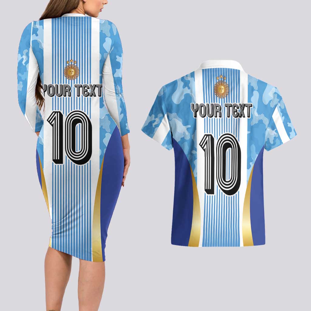 Custom Argentina Football Couples Matching Long Sleeve Bodycon Dress and Hawaiian Shirt La Albiceleste Three Times The Best in The World