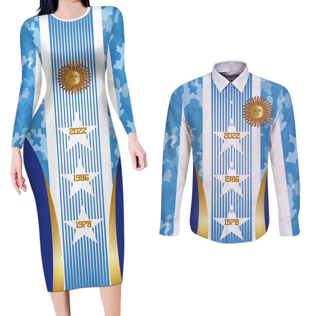 Custom Argentina Football Couples Matching Long Sleeve Bodycon Dress and Long Sleeve Button Shirt La Albiceleste Three Times The Best in The World