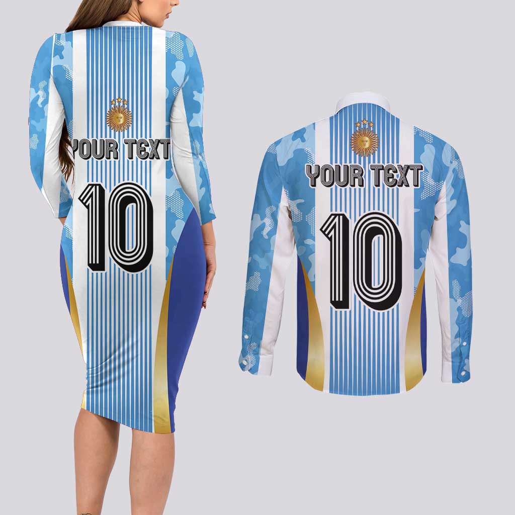 Custom Argentina Football Couples Matching Long Sleeve Bodycon Dress and Long Sleeve Button Shirt La Albiceleste Three Times The Best in The World