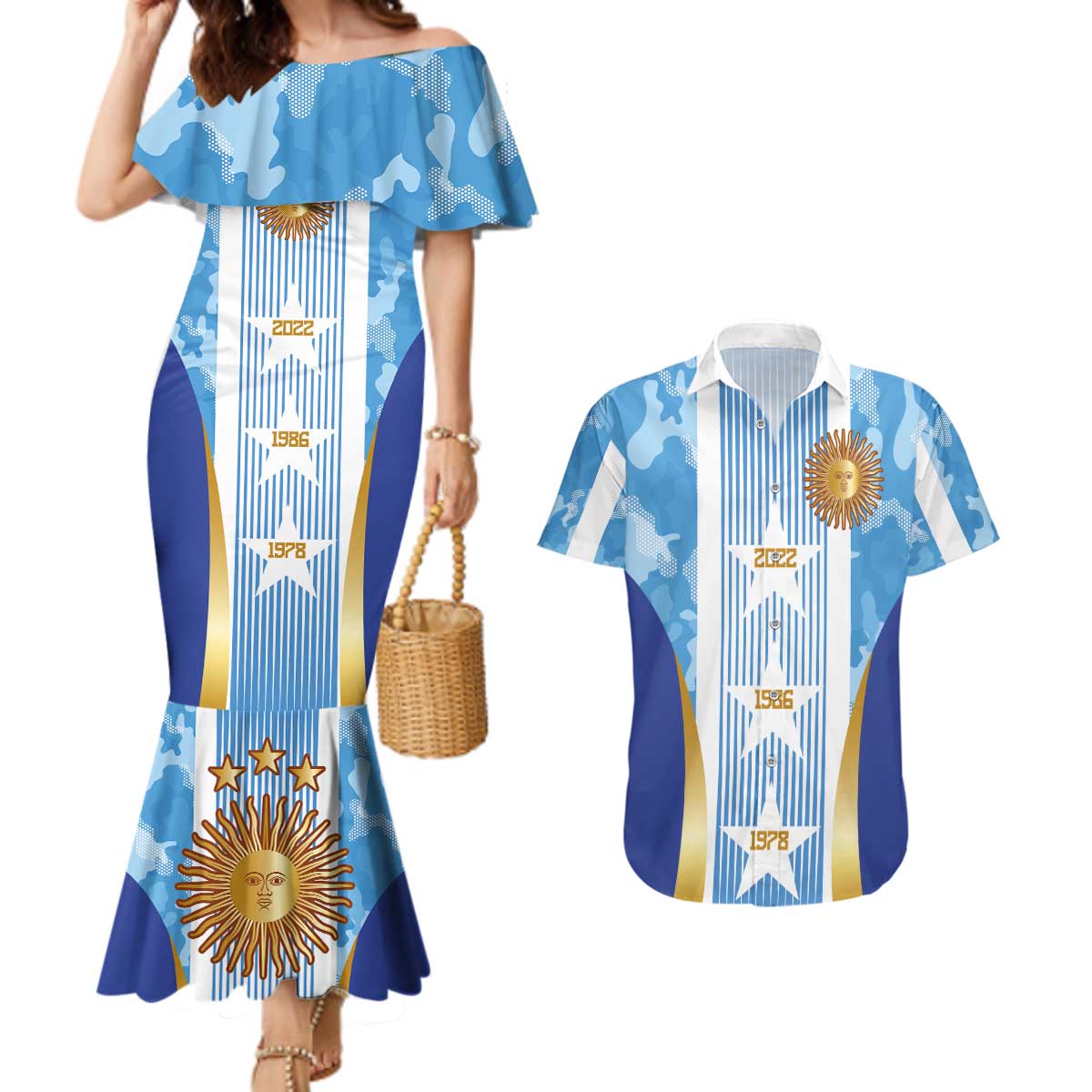 Custom Argentina Football Couples Matching Mermaid Dress and Hawaiian Shirt La Albiceleste Three Times The Best in The World