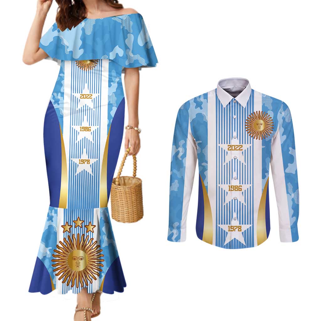 Custom Argentina Football Couples Matching Mermaid Dress and Long Sleeve Button Shirt La Albiceleste Three Times The Best in The World