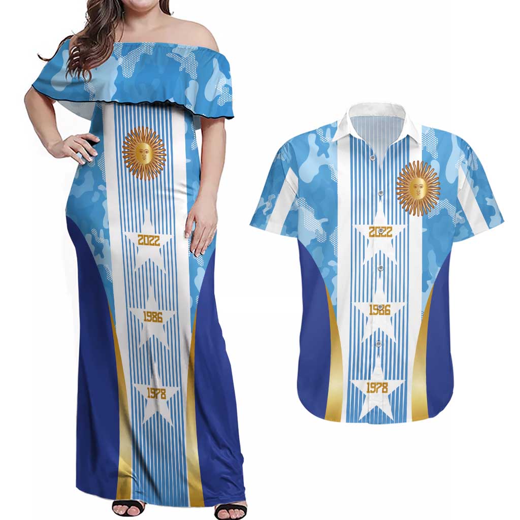 Custom Argentina Football Couples Matching Off Shoulder Maxi Dress and Hawaiian Shirt La Albiceleste Three Times The Best in The World
