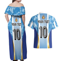 Custom Argentina Football Couples Matching Off Shoulder Maxi Dress and Hawaiian Shirt La Albiceleste Three Times The Best in The World