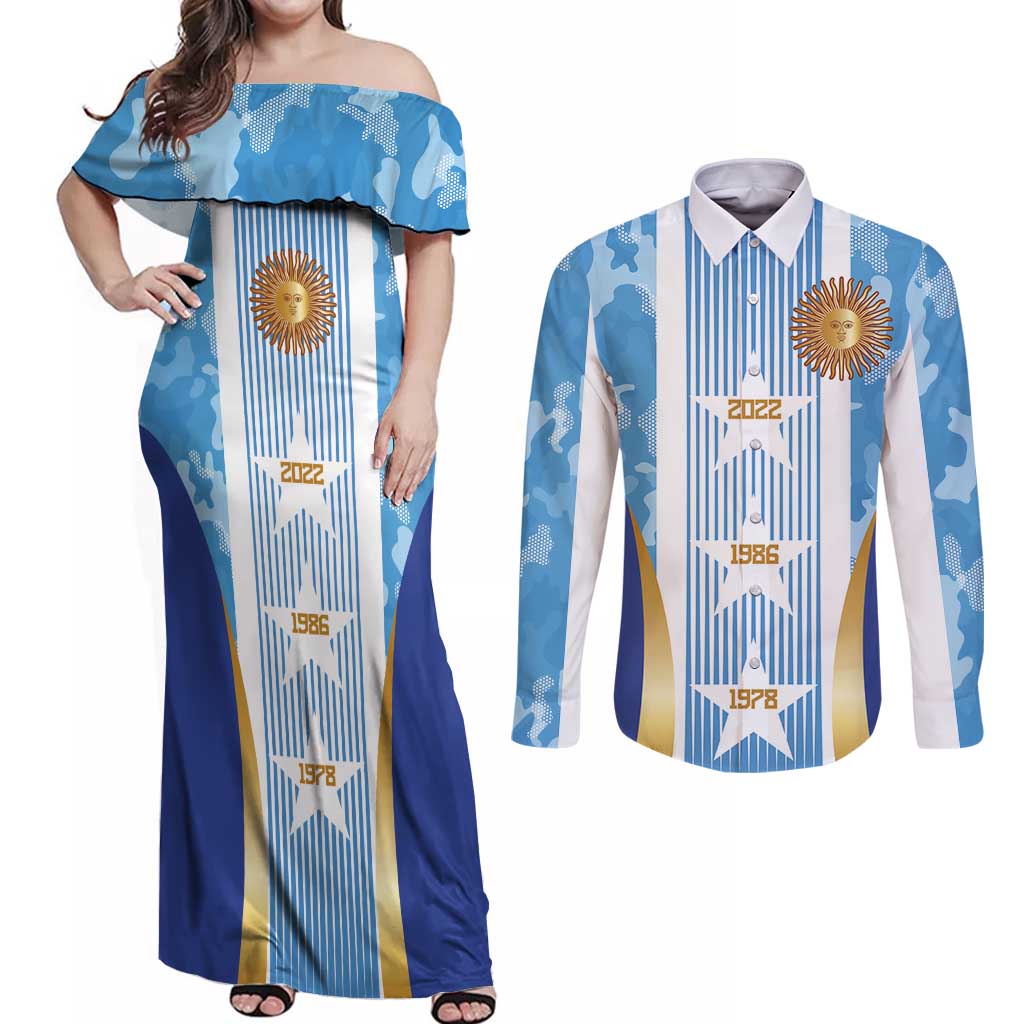 Custom Argentina Football Couples Matching Off Shoulder Maxi Dress and Long Sleeve Button Shirt La Albiceleste Three Times The Best in The World