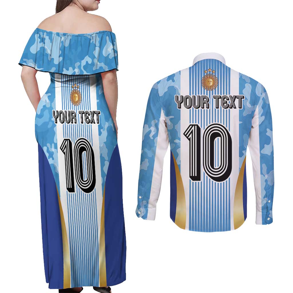 Custom Argentina Football Couples Matching Off Shoulder Maxi Dress and Long Sleeve Button Shirt La Albiceleste Three Times The Best in The World