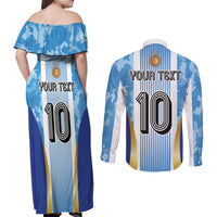 Custom Argentina Football Couples Matching Off Shoulder Maxi Dress and Long Sleeve Button Shirt La Albiceleste Three Times The Best in The World