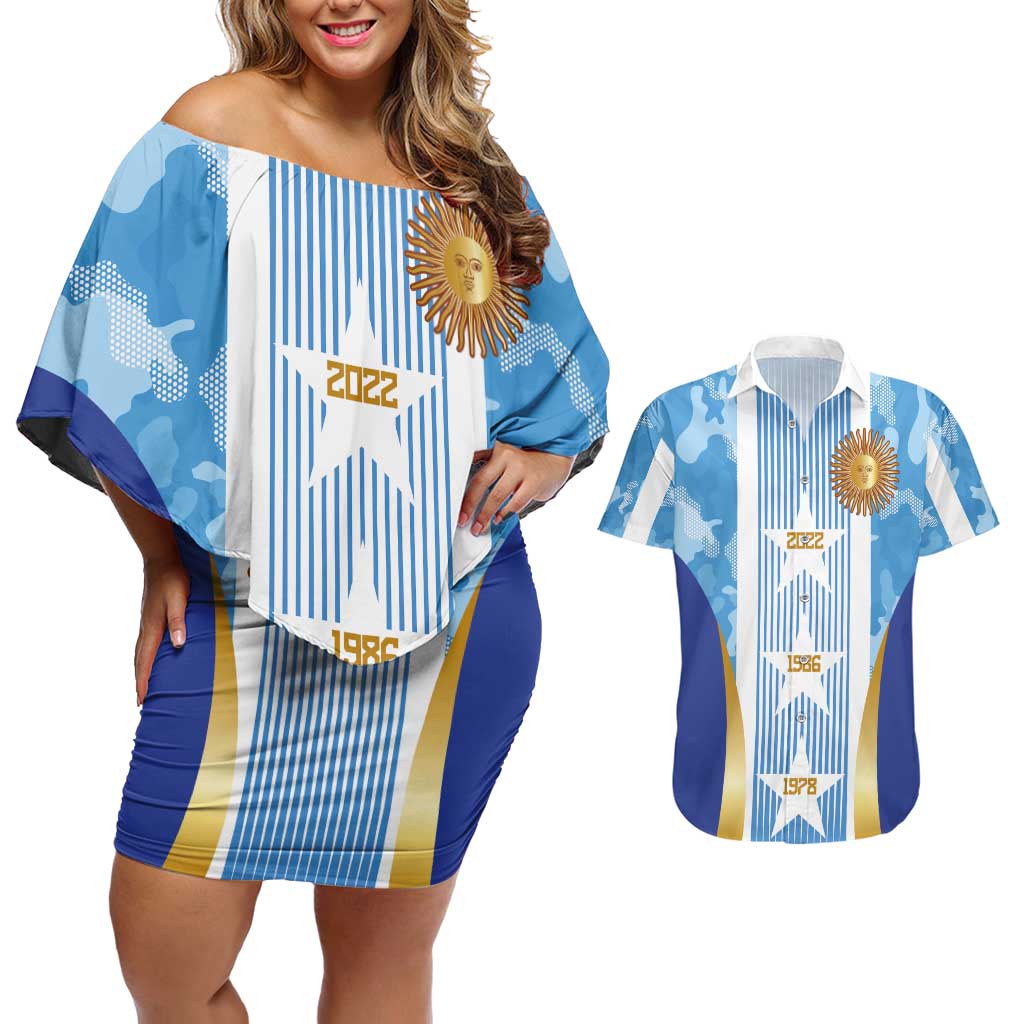 Custom Argentina Football Couples Matching Off Shoulder Short Dress and Hawaiian Shirt La Albiceleste Three Times The Best in The World