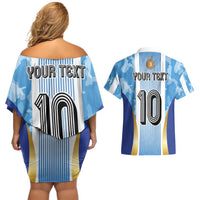 Custom Argentina Football Couples Matching Off Shoulder Short Dress and Hawaiian Shirt La Albiceleste Three Times The Best in The World