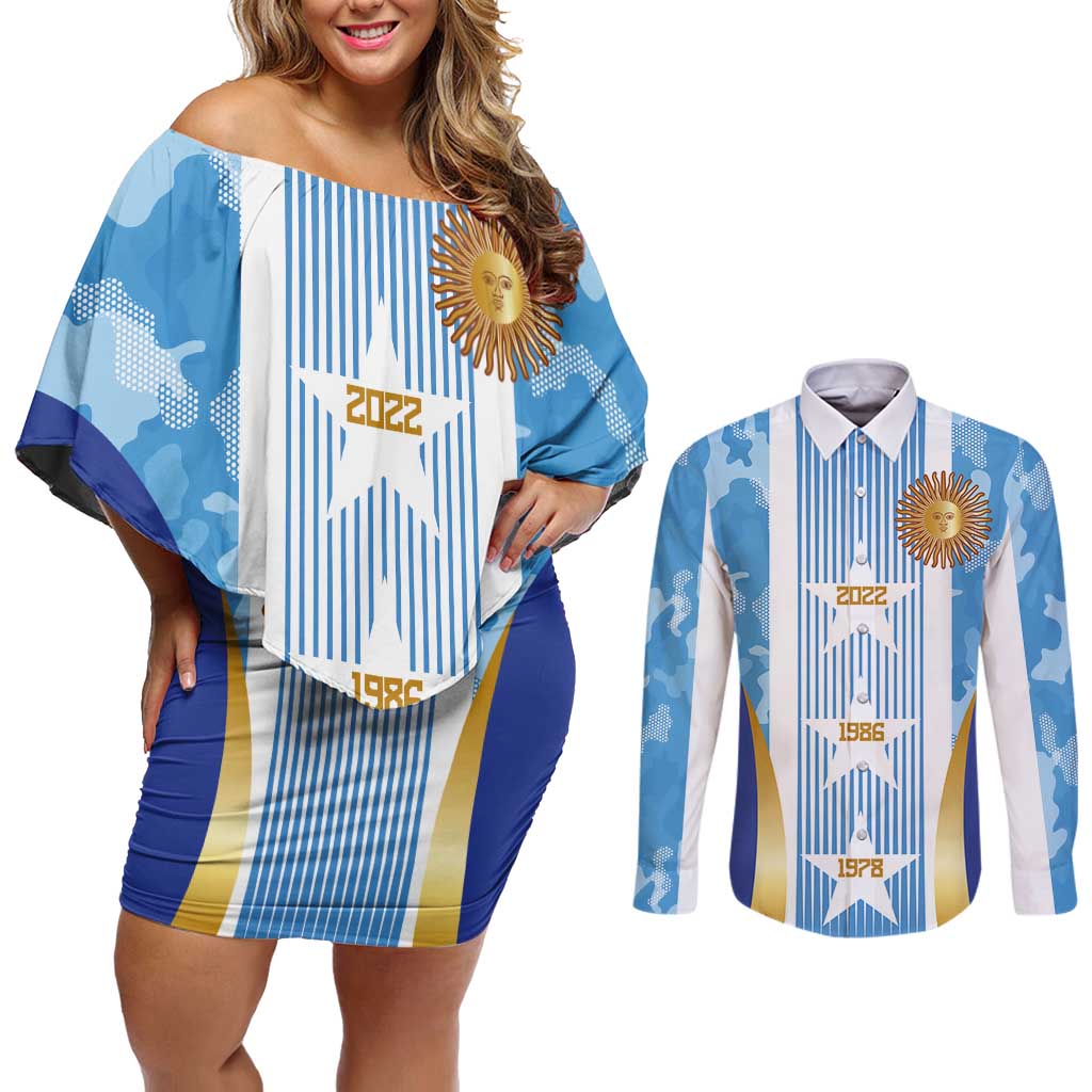 Custom Argentina Football Couples Matching Off Shoulder Short Dress and Long Sleeve Button Shirt La Albiceleste Three Times The Best in The World