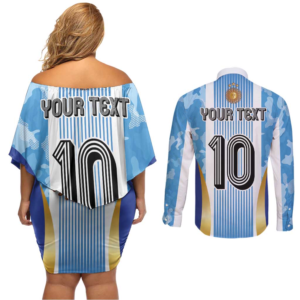Custom Argentina Football Couples Matching Off Shoulder Short Dress and Long Sleeve Button Shirt La Albiceleste Three Times The Best in The World