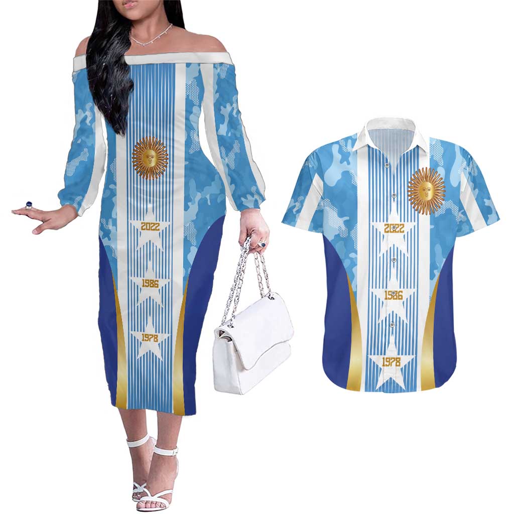 Custom Argentina Football Couples Matching Off The Shoulder Long Sleeve Dress and Hawaiian Shirt La Albiceleste Three Times The Best in The World