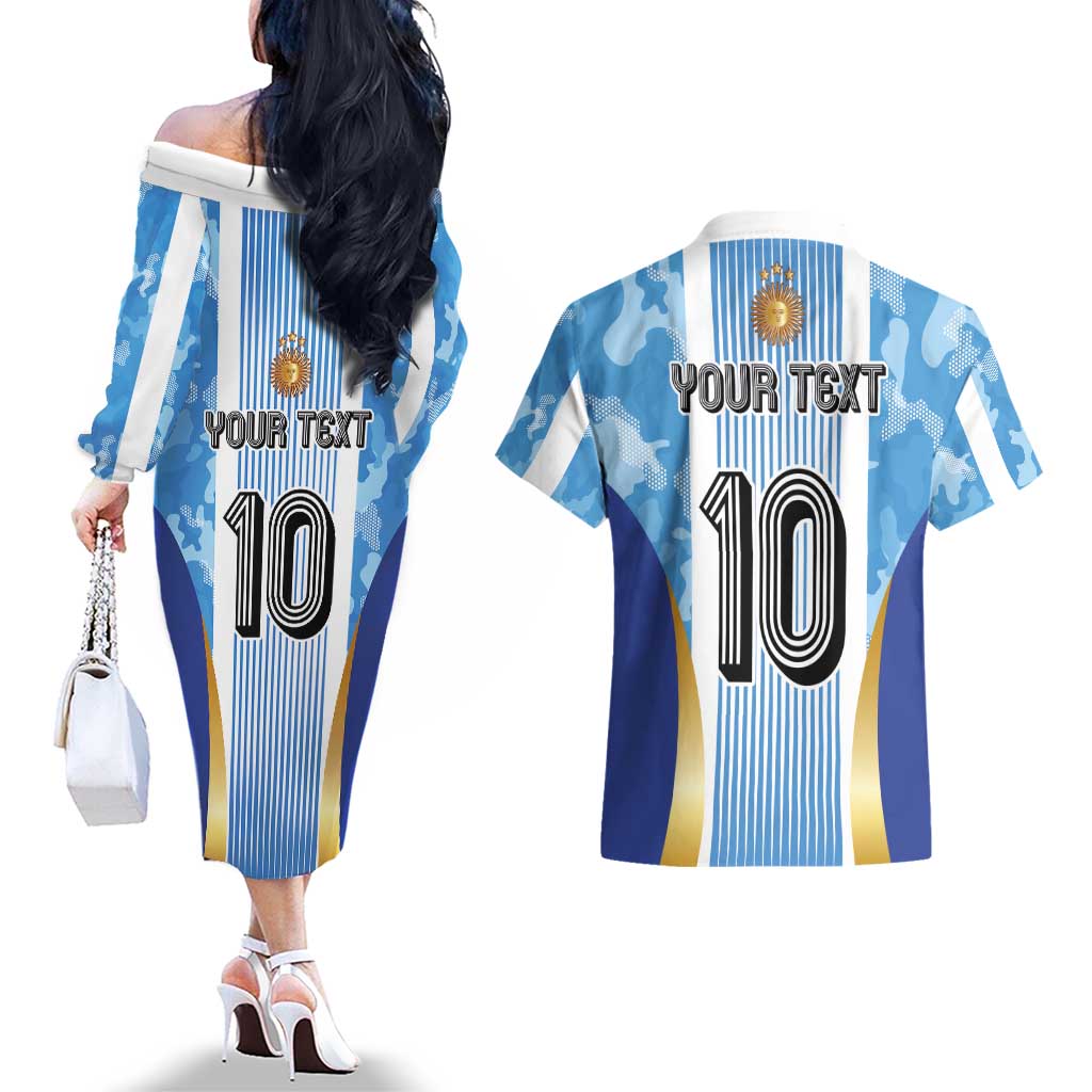 Custom Argentina Football Couples Matching Off The Shoulder Long Sleeve Dress and Hawaiian Shirt La Albiceleste Three Times The Best in The World
