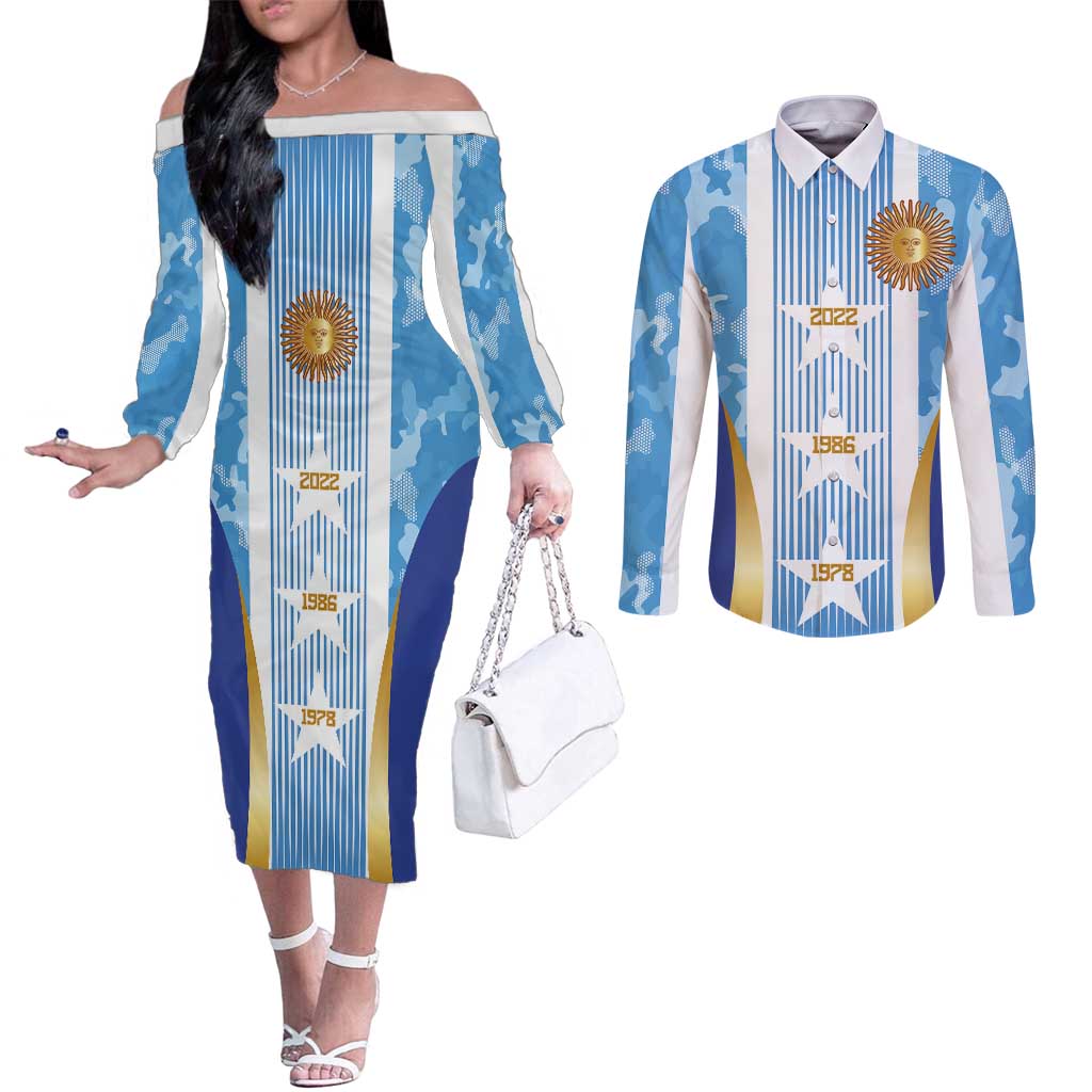 Custom Argentina Football Couples Matching Off The Shoulder Long Sleeve Dress and Long Sleeve Button Shirt La Albiceleste Three Times The Best in The World