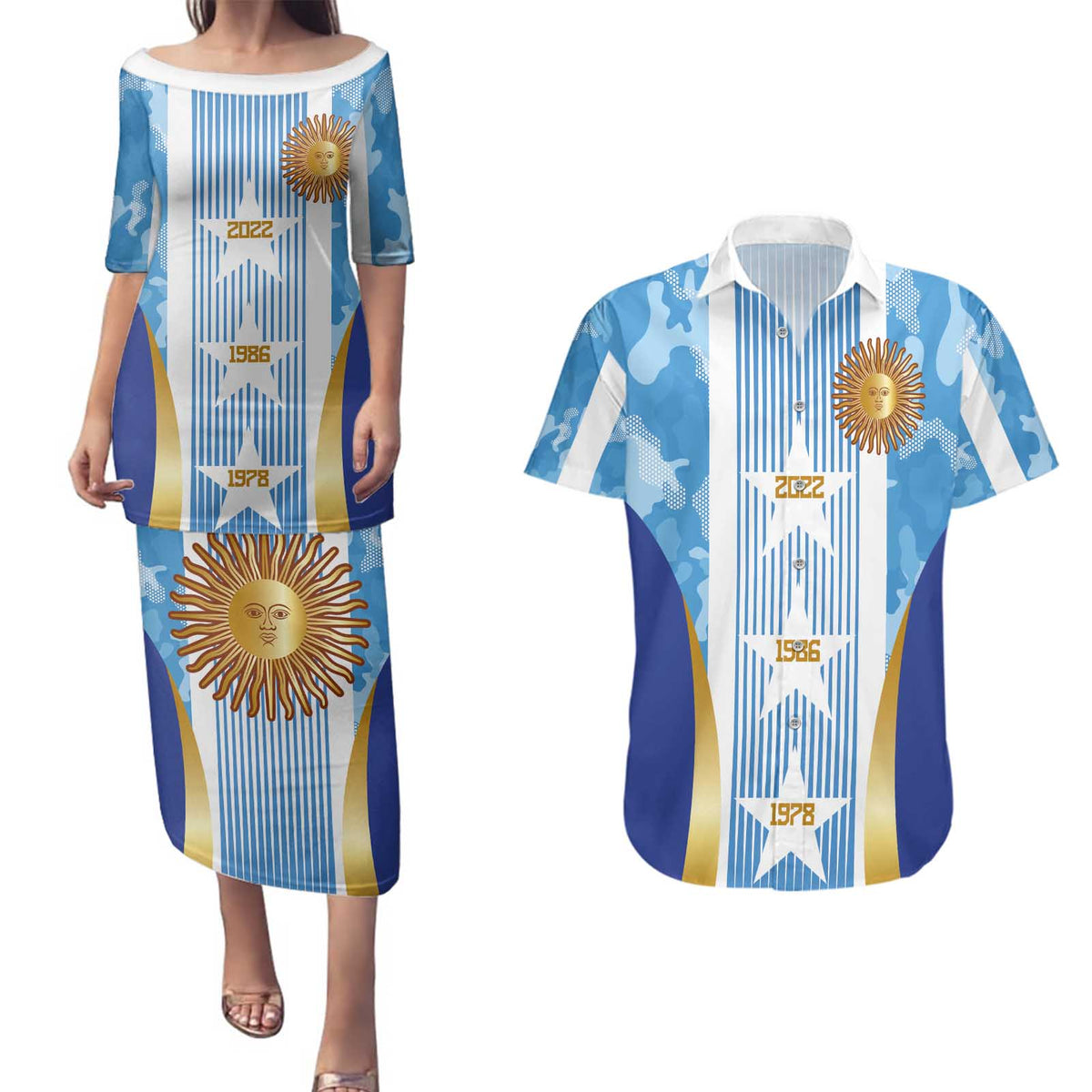 Custom Argentina Football Couples Matching Puletasi and Hawaiian Shirt La Albiceleste Three Times The Best in The World