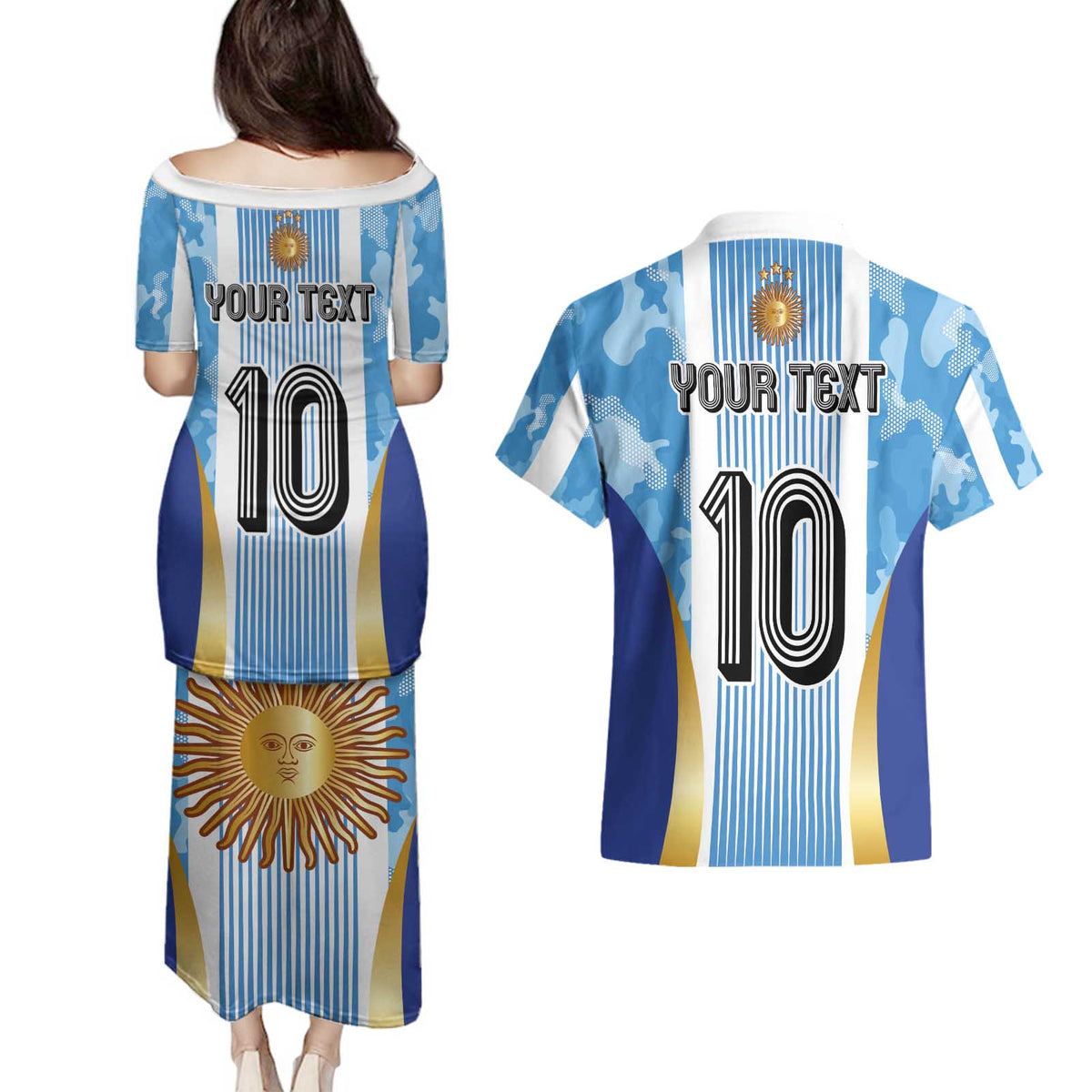 Custom Argentina Football Couples Matching Puletasi and Hawaiian Shirt La Albiceleste Three Times The Best in The World