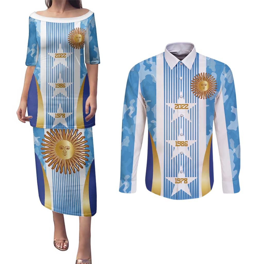 Custom Argentina Football Couples Matching Puletasi and Long Sleeve Button Shirt La Albiceleste Three Times The Best in The World