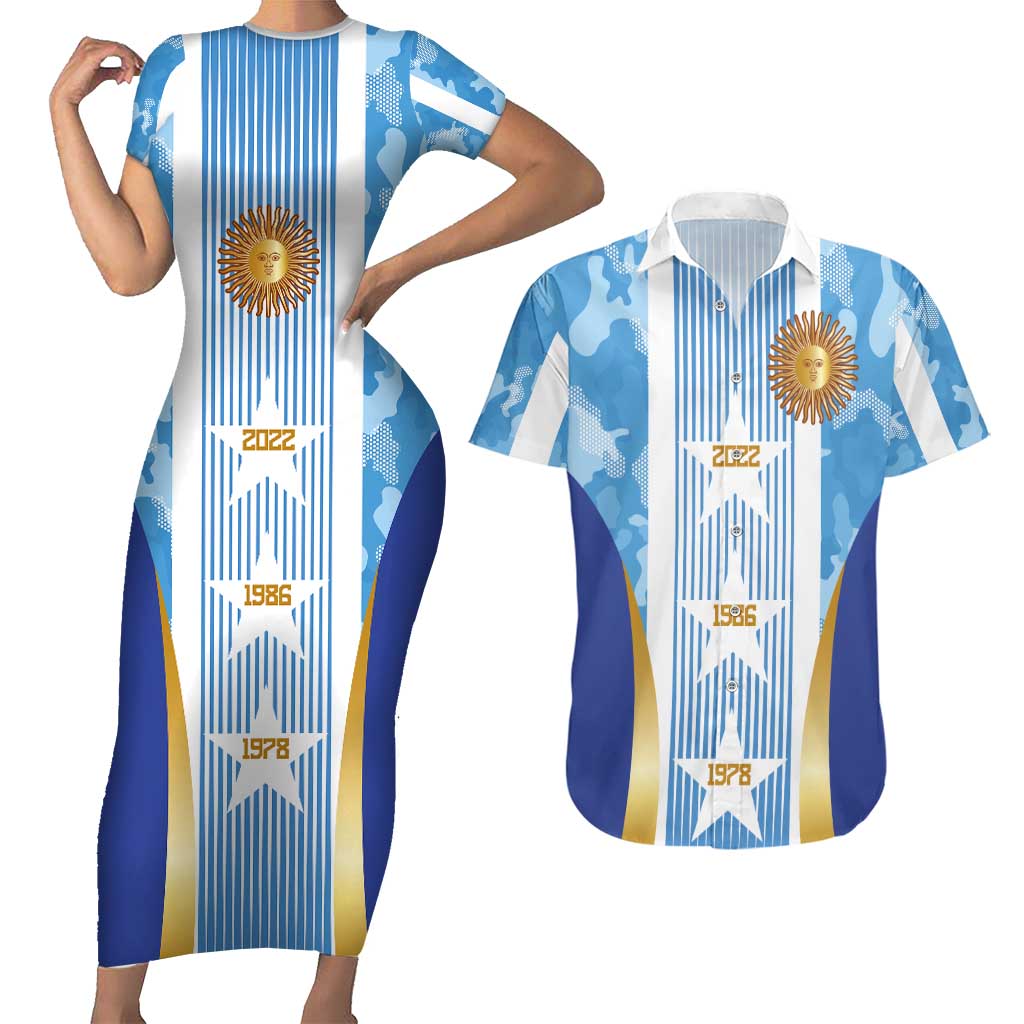 Custom Argentina Football Couples Matching Short Sleeve Bodycon Dress and Hawaiian Shirt La Albiceleste Three Times The Best in The World