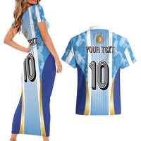 Custom Argentina Football Couples Matching Short Sleeve Bodycon Dress and Hawaiian Shirt La Albiceleste Three Times The Best in The World