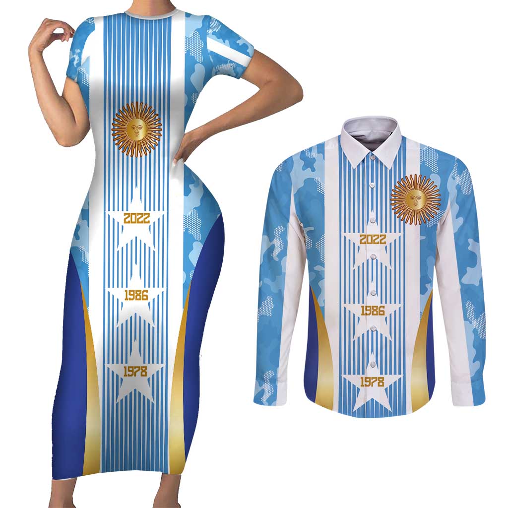 Custom Argentina Football Couples Matching Short Sleeve Bodycon Dress and Long Sleeve Button Shirt La Albiceleste Three Times The Best in The World