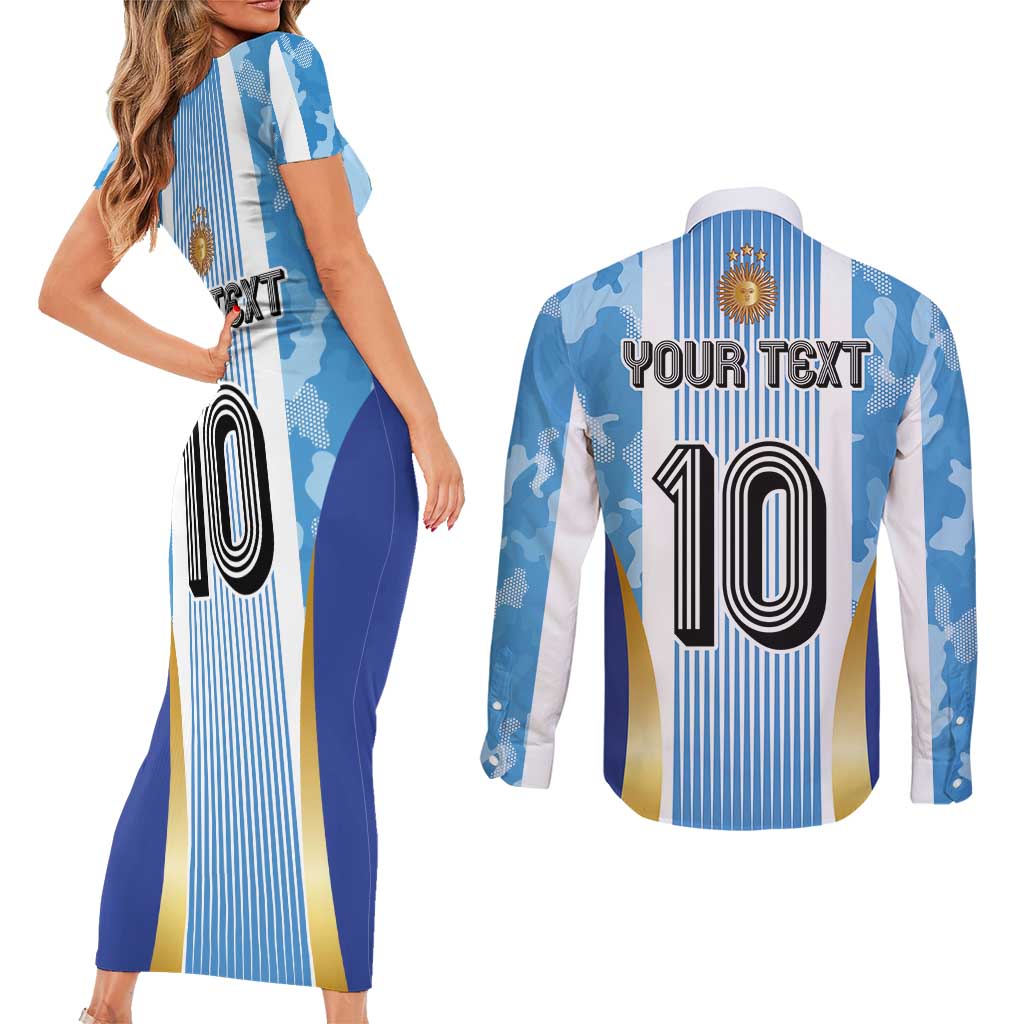 Custom Argentina Football Couples Matching Short Sleeve Bodycon Dress and Long Sleeve Button Shirt La Albiceleste Three Times The Best in The World