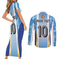 Custom Argentina Football Couples Matching Short Sleeve Bodycon Dress and Long Sleeve Button Shirt La Albiceleste Three Times The Best in The World