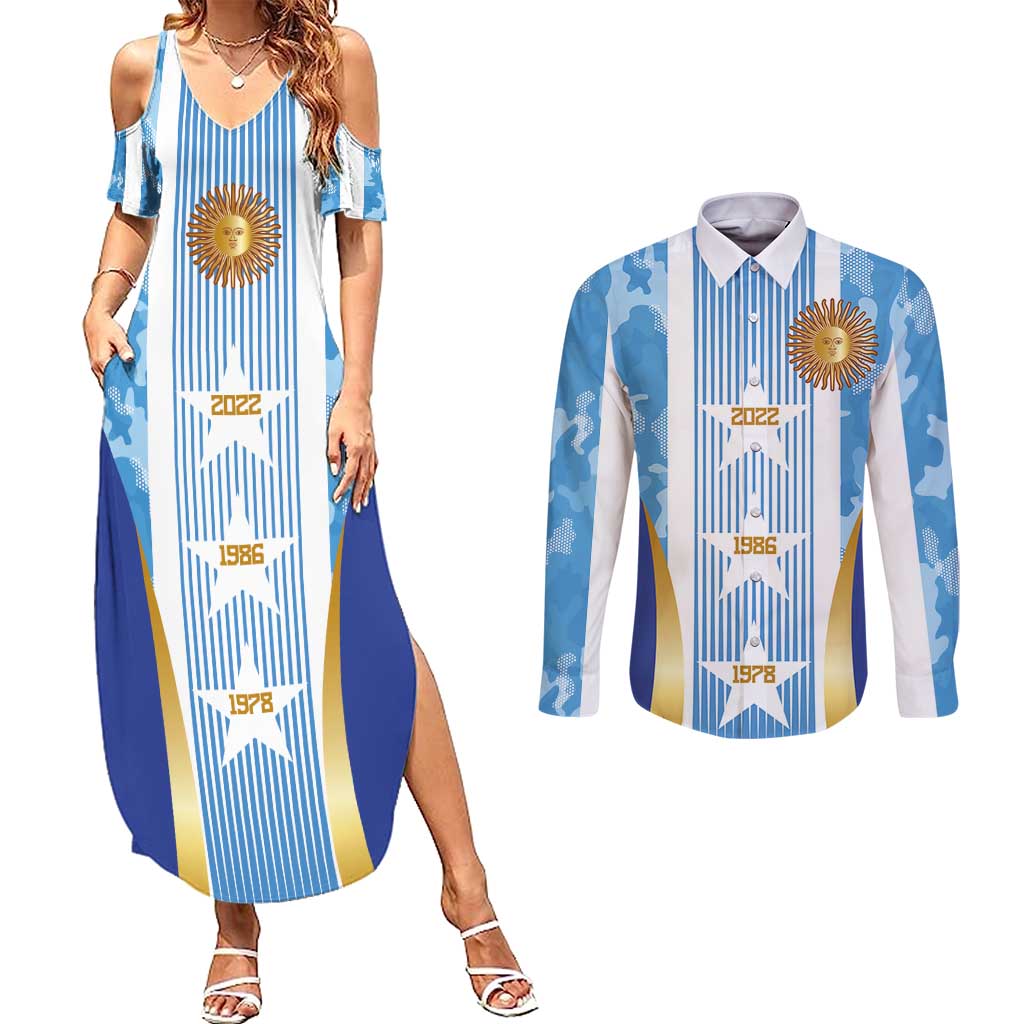 Custom Argentina Football Couples Matching Summer Maxi Dress and Long Sleeve Button Shirt La Albiceleste Three Times The Best in The World