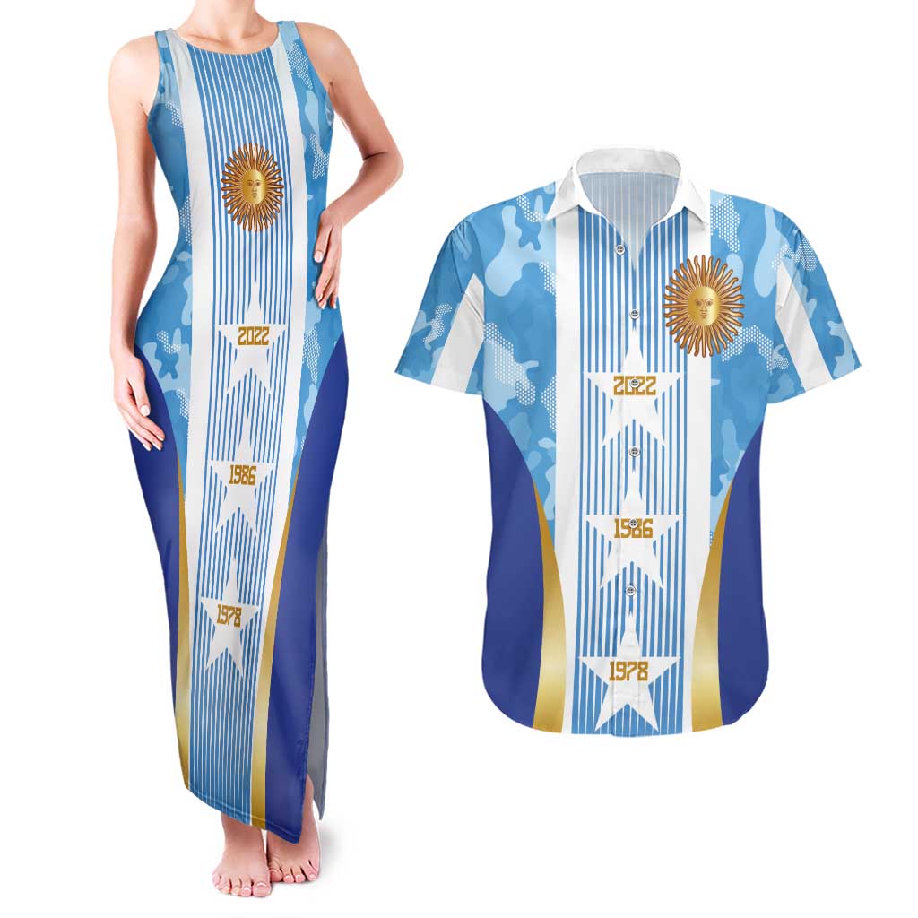 Custom Argentina Football Couples Matching Tank Maxi Dress and Hawaiian Shirt La Albiceleste Three Times The Best in The World