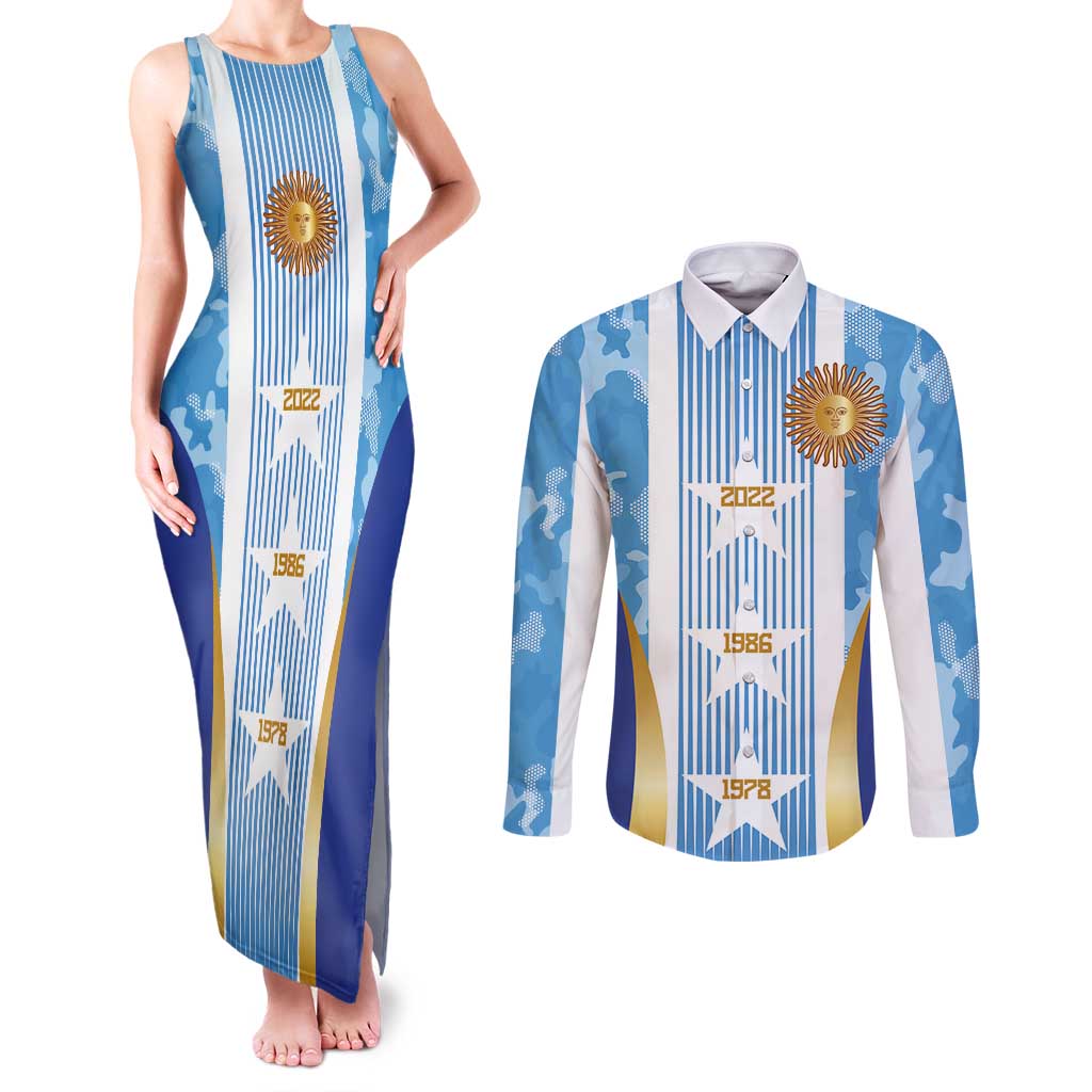 Custom Argentina Football Couples Matching Tank Maxi Dress and Long Sleeve Button Shirt La Albiceleste Three Times The Best in The World
