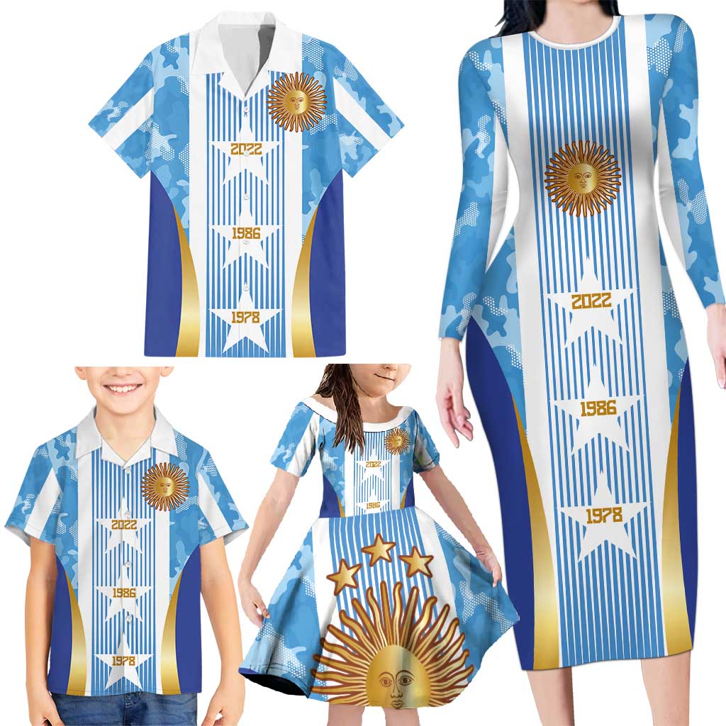 Custom Argentina Football Family Matching Long Sleeve Bodycon Dress and Hawaiian Shirt La Albiceleste Three Times The Best in The World