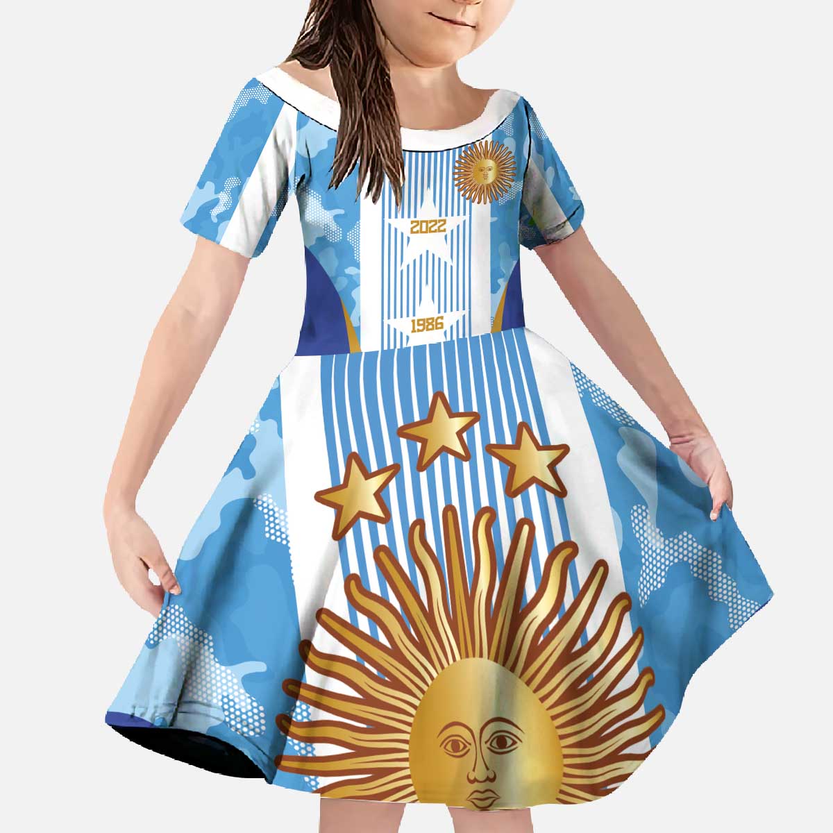 Custom Argentina Football Family Matching Off The Shoulder Long Sleeve Dress and Hawaiian Shirt La Albiceleste Three Times The Best in The World