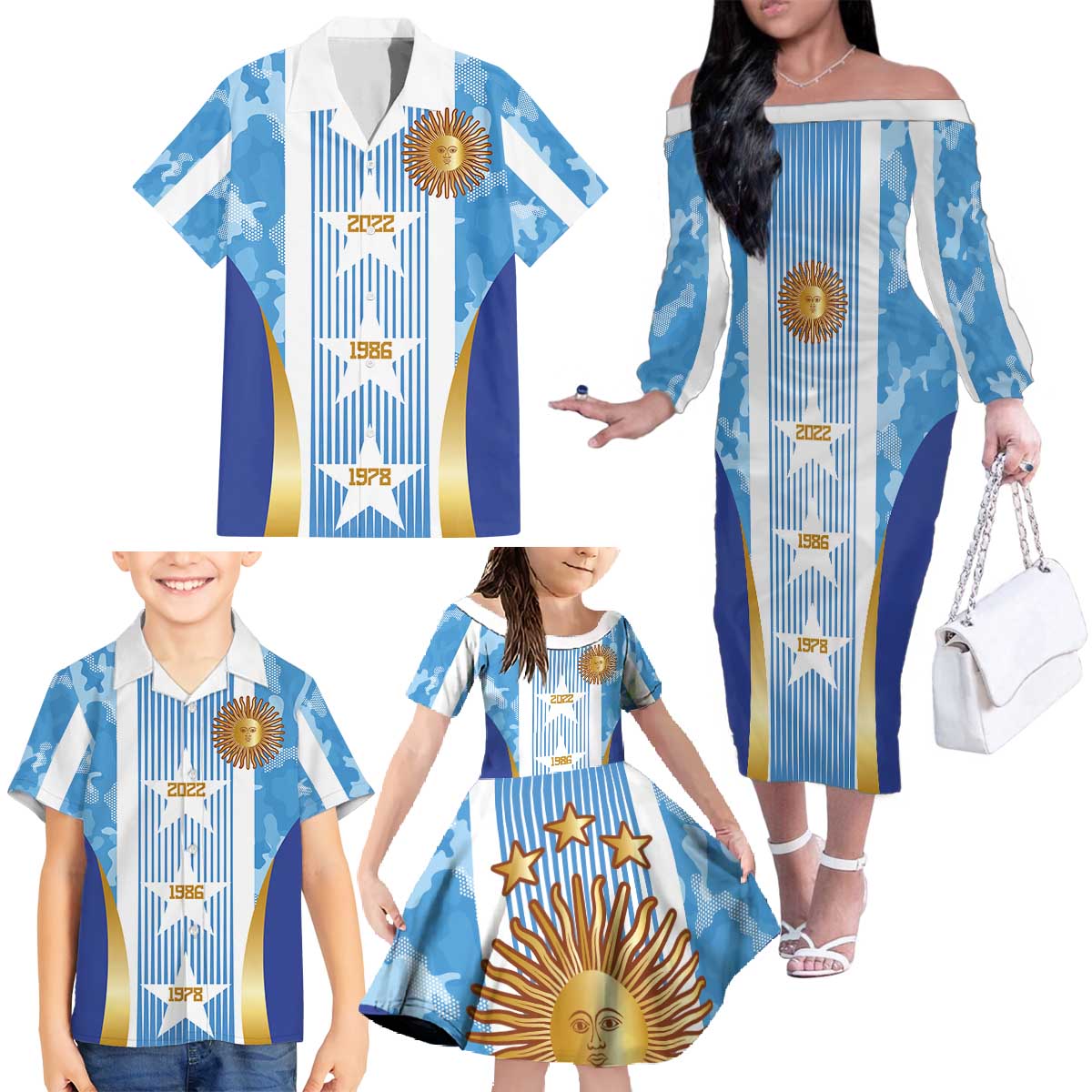 Custom Argentina Football Family Matching Off The Shoulder Long Sleeve Dress and Hawaiian Shirt La Albiceleste Three Times The Best in The World