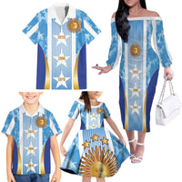 Custom Argentina Football Family Matching Off The Shoulder Long Sleeve Dress and Hawaiian Shirt La Albiceleste Three Times The Best in The World