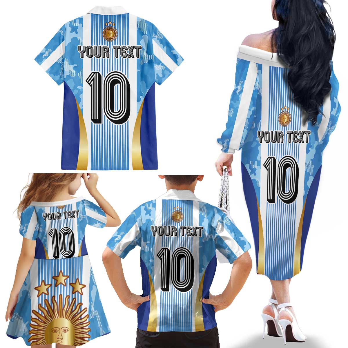 Custom Argentina Football Family Matching Off The Shoulder Long Sleeve Dress and Hawaiian Shirt La Albiceleste Three Times The Best in The World