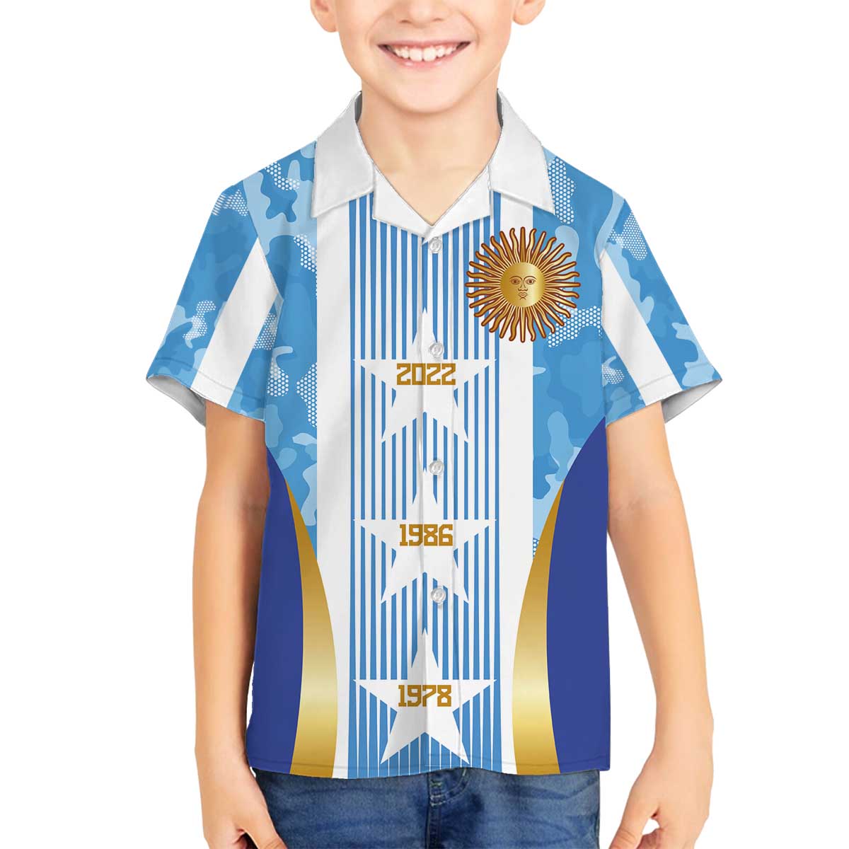 Custom Argentina Football Family Matching Off The Shoulder Long Sleeve Dress and Hawaiian Shirt La Albiceleste Three Times The Best in The World