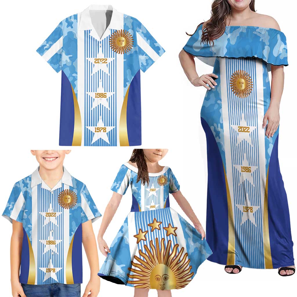 Custom Argentina Football Family Matching Off Shoulder Maxi Dress and Hawaiian Shirt La Albiceleste Three Times The Best in The World